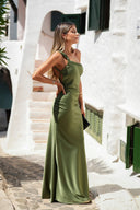Elegant One-Shoulder Ruched Satin Maxi Dress