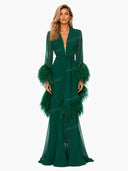 Elegant V-Neck Feather Cuff Flowing Chiffon Maxi Dress