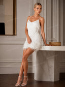 Elegant Sequin Fringe Feather Trim Mini Dress