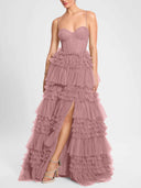 Elegant Tiered Ruffle Tulle Corset Slit Maxi Dress