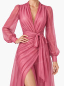 Elegant Pearl-Embellished Chiffon V-Neck Tie-Waist Maxi Dress