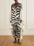 Elegant Zebra Print V-Neck Kaftan Maxi Dress