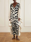 Elegant Zebra Print V-Neck Kaftan Maxi Dress