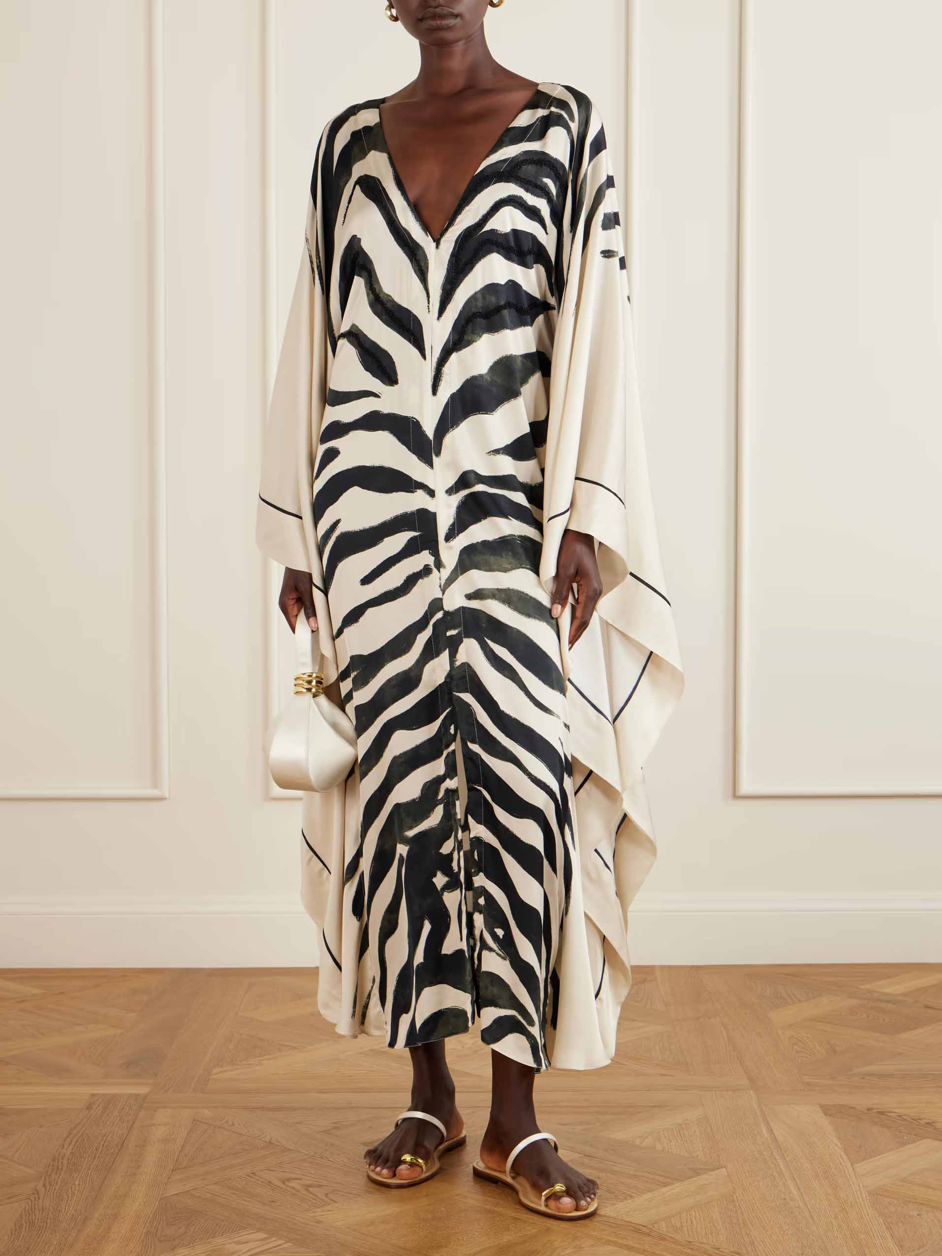 Elegant Zebra Print V-Neck Kaftan Maxi Dress