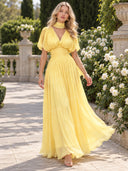 Elegant Pleated V-Neck Cape Sleeve Maxi Dress