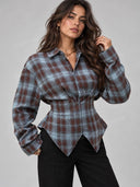 Plaid Waist Shaping Shirt Wide Leg Pants Two Piece Set