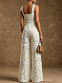 Exquisite Floral Jacquard Belted Wide Leg Jumpsuit