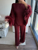 Elegant Feather-Trim Batwing Top & Pants Two-Piece Set
