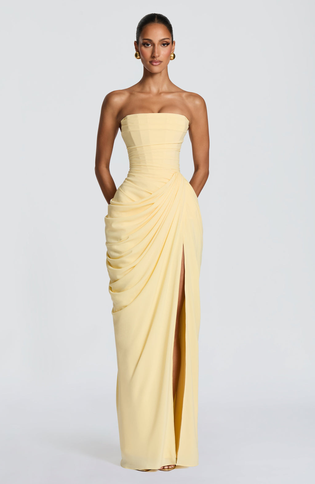 Strapless Pleated Slit Maxi Dress