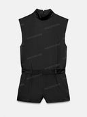 Minimalist Mock Neck Shoulder Pad Belted Romper