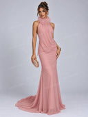 Elegant Feather Trim Halter Draped Maxi Dress