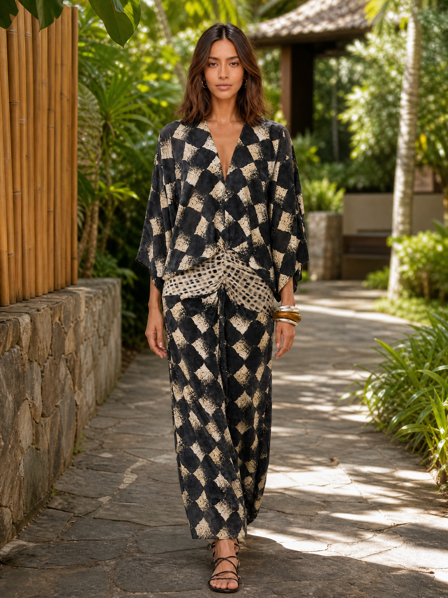Casual Abstract Plaid Print Kimono Sleeve Maxi Dress