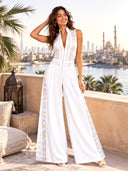 Lace Panel Wide Leg White Jumpsuit