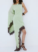 Elegant Asymmetric Lace Trim One Shoulder Maxi Dress
