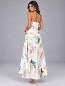Elegant Floral Print Pleated Strapless Maxi Dress