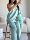 One Shoulder Feather Trim Top & Wide Leg Pants Set
