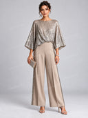 Sequin Draped Top & Wide Leg Pants Two Piece Set