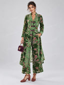 Retro Floral Print Frog Button Long Coat & Wide Leg Pants Set