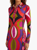 Unique Retro Abstract Print Shirt Collar Maxi Dress