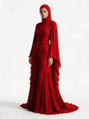 Elegant Pleated High-Neck Cape Sleeve Chiffon Maxi Dress