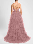 Elegant Tiered Ruffle Tulle Corset Slit Maxi Dress