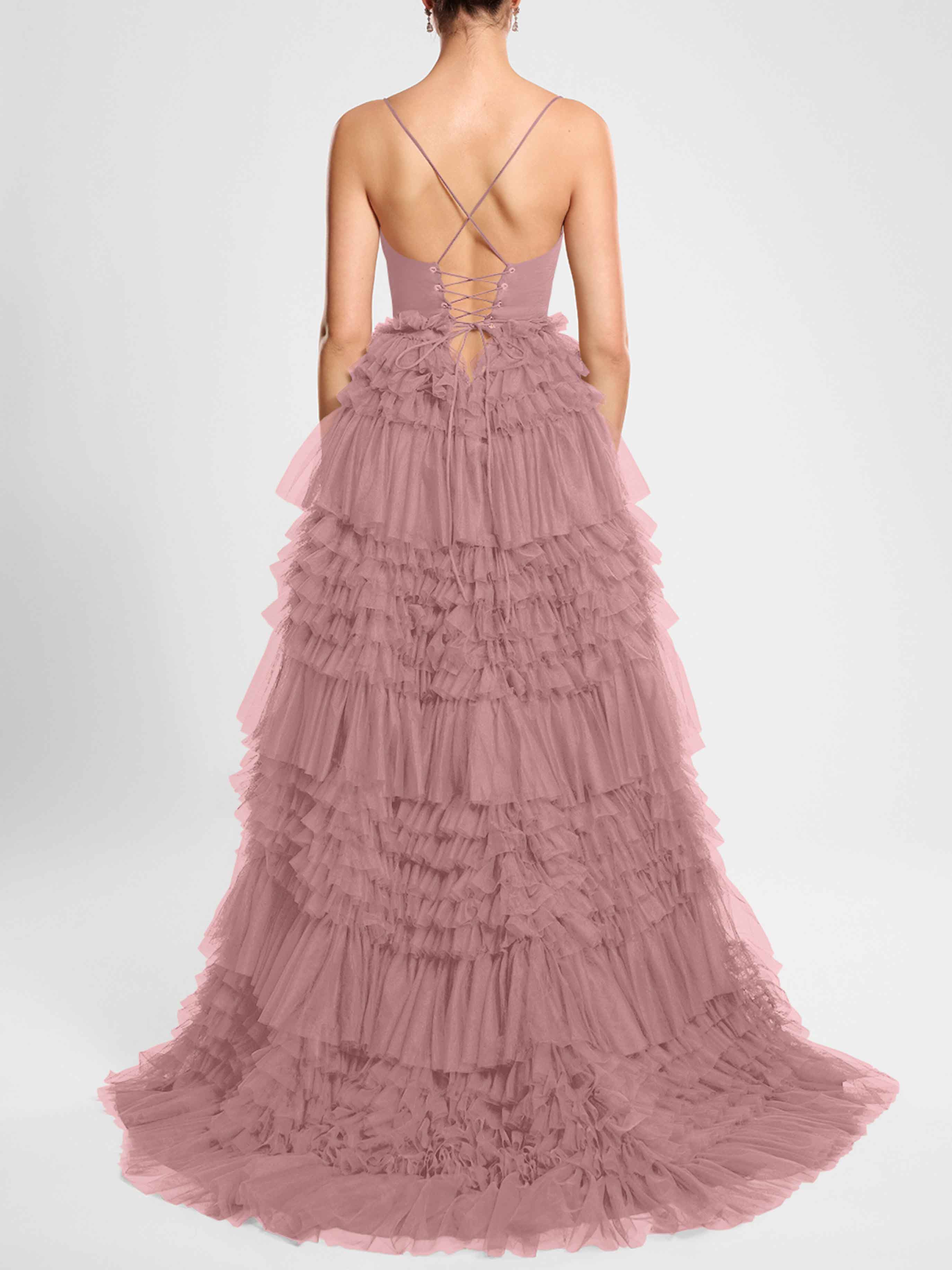 Elegant Tiered Ruffle Tulle Corset Slit Maxi Dress