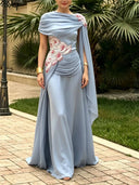 Elegant Draped Floral Applique Cape Chiffon Maxi Dress
