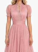 Elegant Lace Trim Pleated Chiffon Maxi Dress