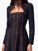 Elegant Piping Square-Neck Belted Midi Dress