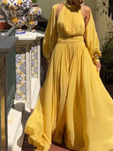 Elegant Chiffon Cape Ruched Maxi Dress