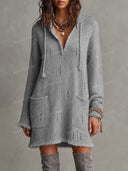 Casual Open-Knit Hooded Long Sleeve Mini Dress