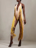 Elegant Gradient Tassel Halter Neck Deep-V Mini Dress