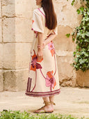 Boho Large Floral Print V‑Neck Belted Fringe Midi Dress