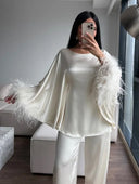 Elegant Feather-Trim Batwing Top & Pants Two-Piece Set