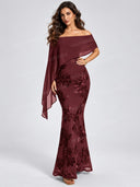 Elegant Off Shoulder Cape Sequin Mermaid Maxi Dress