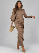 Elegant Asymmetric Sleeve Ruched Satin Maxi Dress