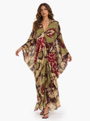 Retro Printed Flowing Bat Sleeve Maxi Dress