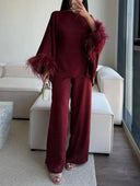 Elegant Feather-Trim Batwing Top & Pants Two-Piece Set