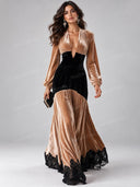 Elegant Velvet Color Block Lace Trim Maxi Dress