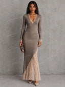 Sexy Lace Panel V-Neck Bodycon Maxi Dress