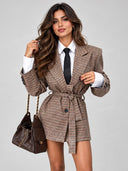 Elegant Plaid Belted Blazer & Shorts Two Piece Set