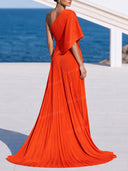 Elegant Asymmetric One Shoulder Pleated Draped Maxi Dress