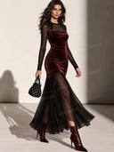 Velvet Mesh Polka Dot Long Sleeve Maxi Dress