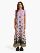 Boho Baroque Print Feather Trim Maxi Dress