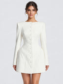 Elegant Button Front Structured Long Sleeve Mini Dress