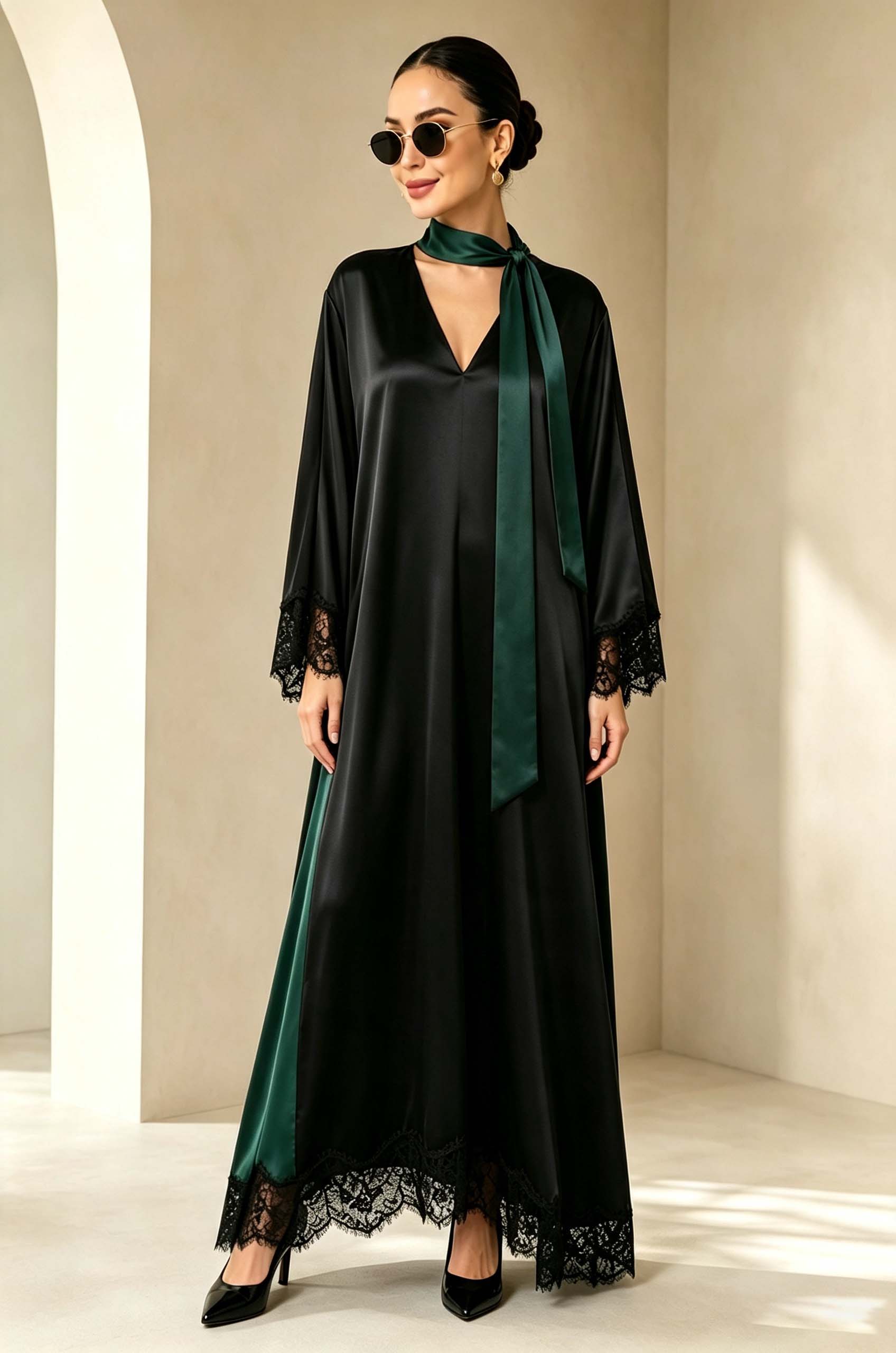 Elegant Color-Block Reversible Satin Lace-Trim Maxi Dress