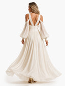 Elegant Off-Shoulder Puff Sleeve High-Slit Flowing Maxi Dress