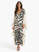 Elegant Zebra Print V-Neck Kaftan Maxi Dress