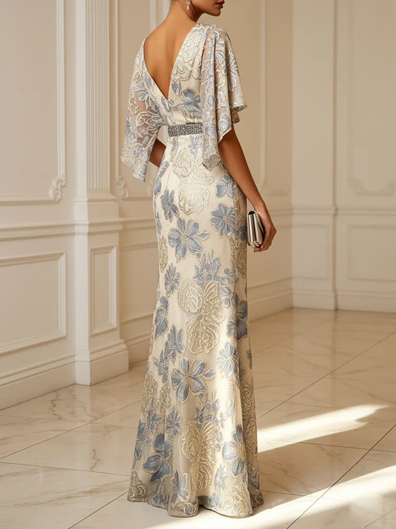 Elegant Floral  Flutter Sleeve Mermaid Maxi Dress