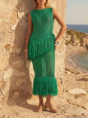 Elegant Open-Knit Fringe Tank Top & Maxi Skirt Two-Piece Set